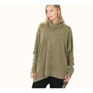 Zenana Melange Green Oversized Cowl Neck Hi-Low Poncho Sweater Cozy Size XS